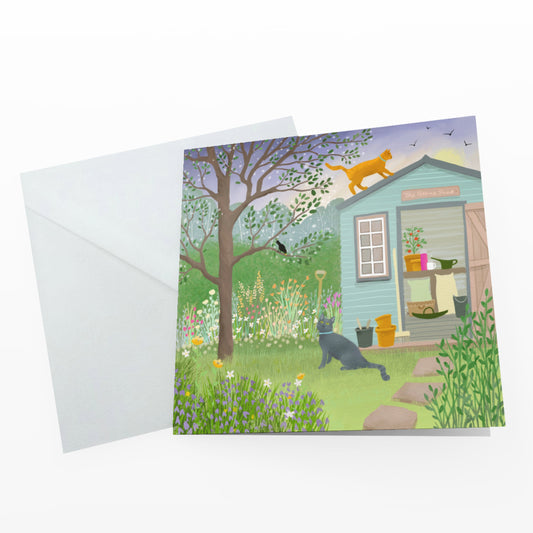 Cats greetings card - Morning Patrol. Perfect for the cat lover in your life. Cottage garden scene with cheeky cats.