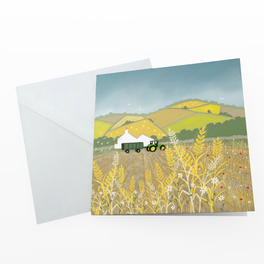 Fields of Gold greetings card - Harvest scene with tractor. Birthday card, thank you card, anniversary card, housewarming card.
