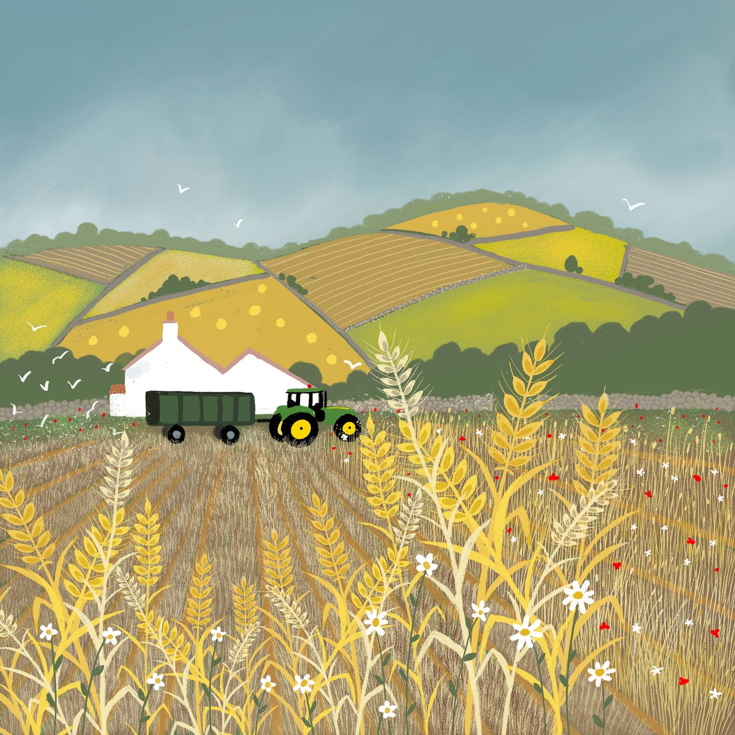 Fields of Gold greetings card - Harvest scene with tractor. Birthday card, thank you card, anniversary card, housewarming card.