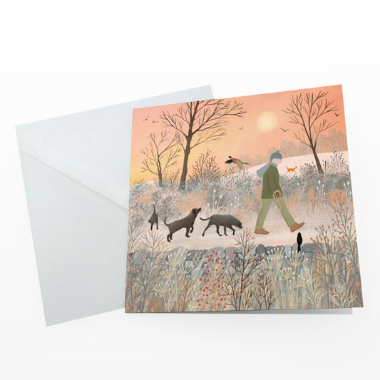 Winter Walk, greetings card. Winter walk with the dogs. Greetings cards handmade. Card for birthday, anniversary, housewarming or Thank Yous