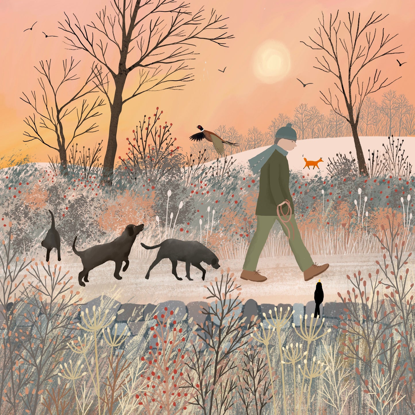 Winter Walk, greetings card. Winter walk with the dogs. Greetings cards handmade. Card for birthday, anniversary, housewarming or Thank Yous