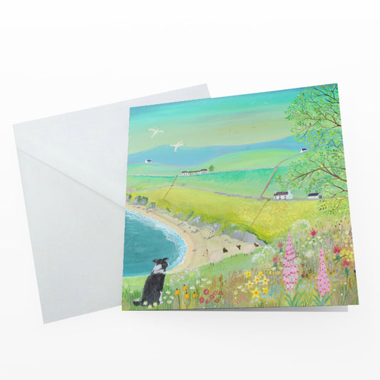 Border collie + Scottish landscape greetings card. Perfect for the nature lover in your life. Handprinted. Landscape, wildflowers, sheep.