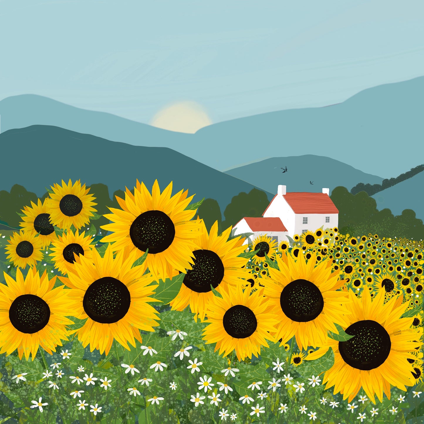 Sunflowers Art Print, country landscape. Signed Giclee art print. Scottish Art, Office Art, Happy Art, Wall Decor, Cottage style. Home gift