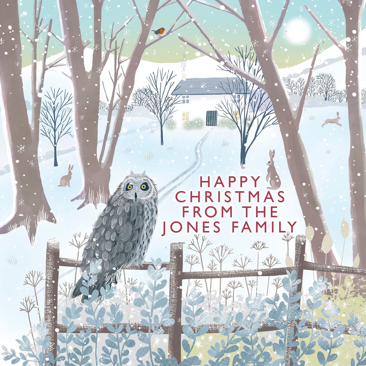 Snowy Owl Christmas card. Winter card. Can be personalised. Greetings cards handmade. Scottish winter landscape. Seasonal card.