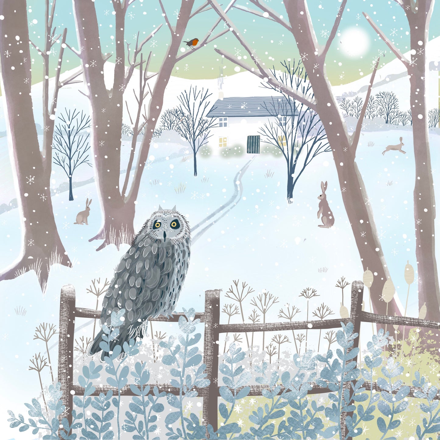 Snowy Owl Christmas card. Winter card. Can be personalised. Greetings cards handmade. Scottish winter landscape. Seasonal card.