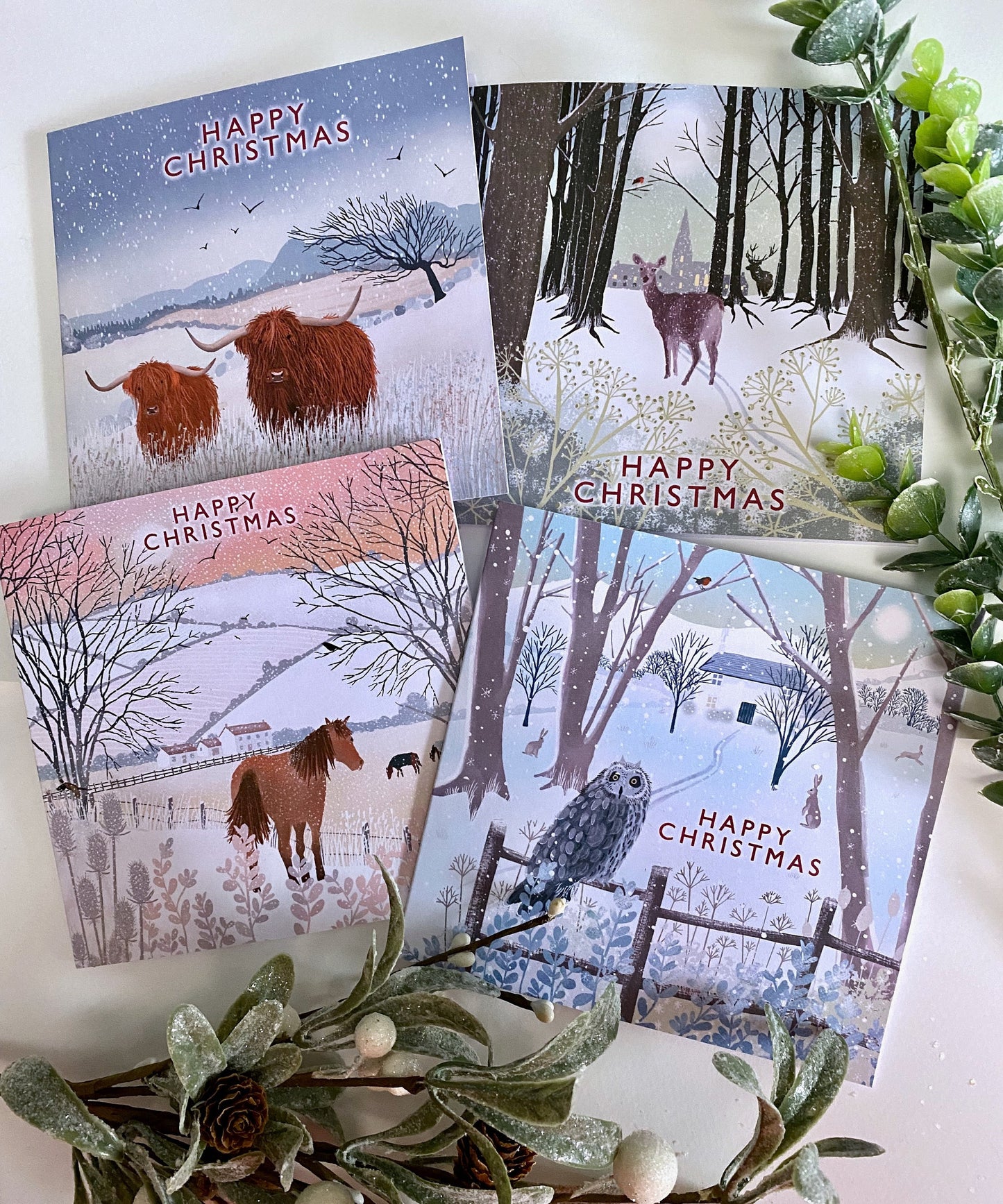 Snowy Owl Christmas card. Winter card. Can be personalised. Greetings cards handmade. Scottish winter landscape. Seasonal card.