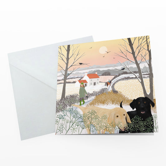 Best Buddies greetings card - winter scene with labradors. Birthday card, thank you card, housewarming card. Dog lovers card.