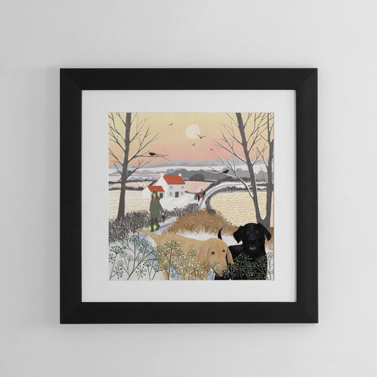 Best Buddies signed print. Wall art featuring a wintercountry scene of a dog walk with labradors. Giclee Art print signed by artist