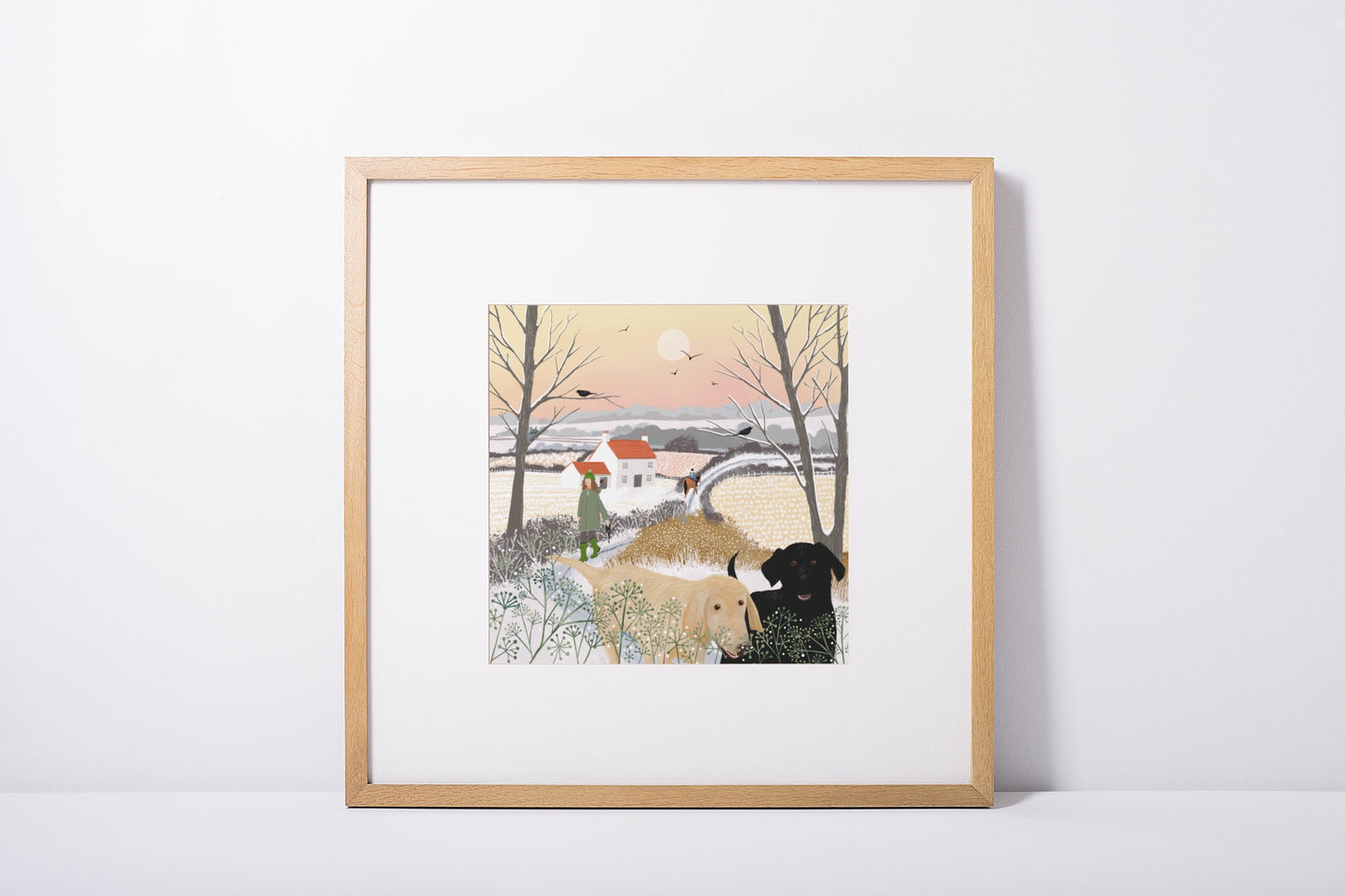 Best Buddies signed print. Wall art featuring a wintercountry scene of a dog walk with labradors. Giclee Art print signed by artist