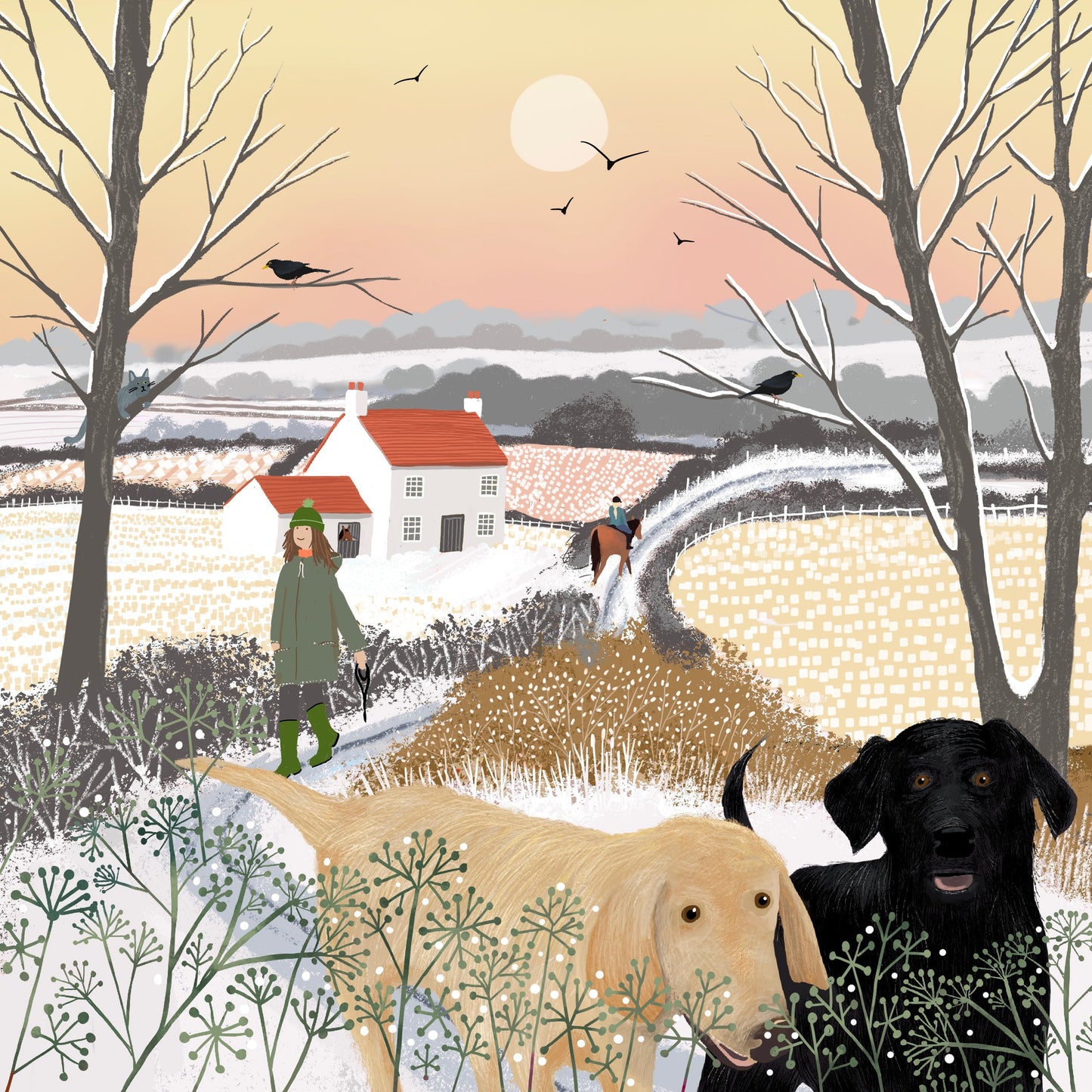 Best Buddies greetings card - winter scene with labradors. Birthday card, thank you card, housewarming card. Dog lovers card.