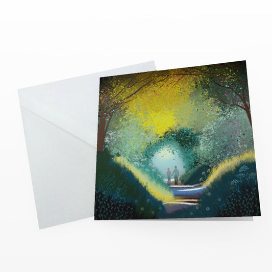 Into the Light, greetings card. Valentines, engagement, or anniversary card. Spring romance. Perfect for countryside and dog lovers.