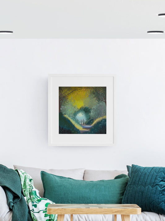 Signed Giclee Print: Spring Landscape Art - Couple Walking Dog