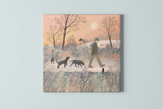 Canvas Wall art of Winter Walk, Original Scottish Landscape art by Caroline Smith feauring a man walking his dogs on a winter evening.