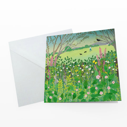 Morning Hedgerow greetings card - Summer landscape. Birthday card, thank you card, anniversary card, housewarming card. Sending love.