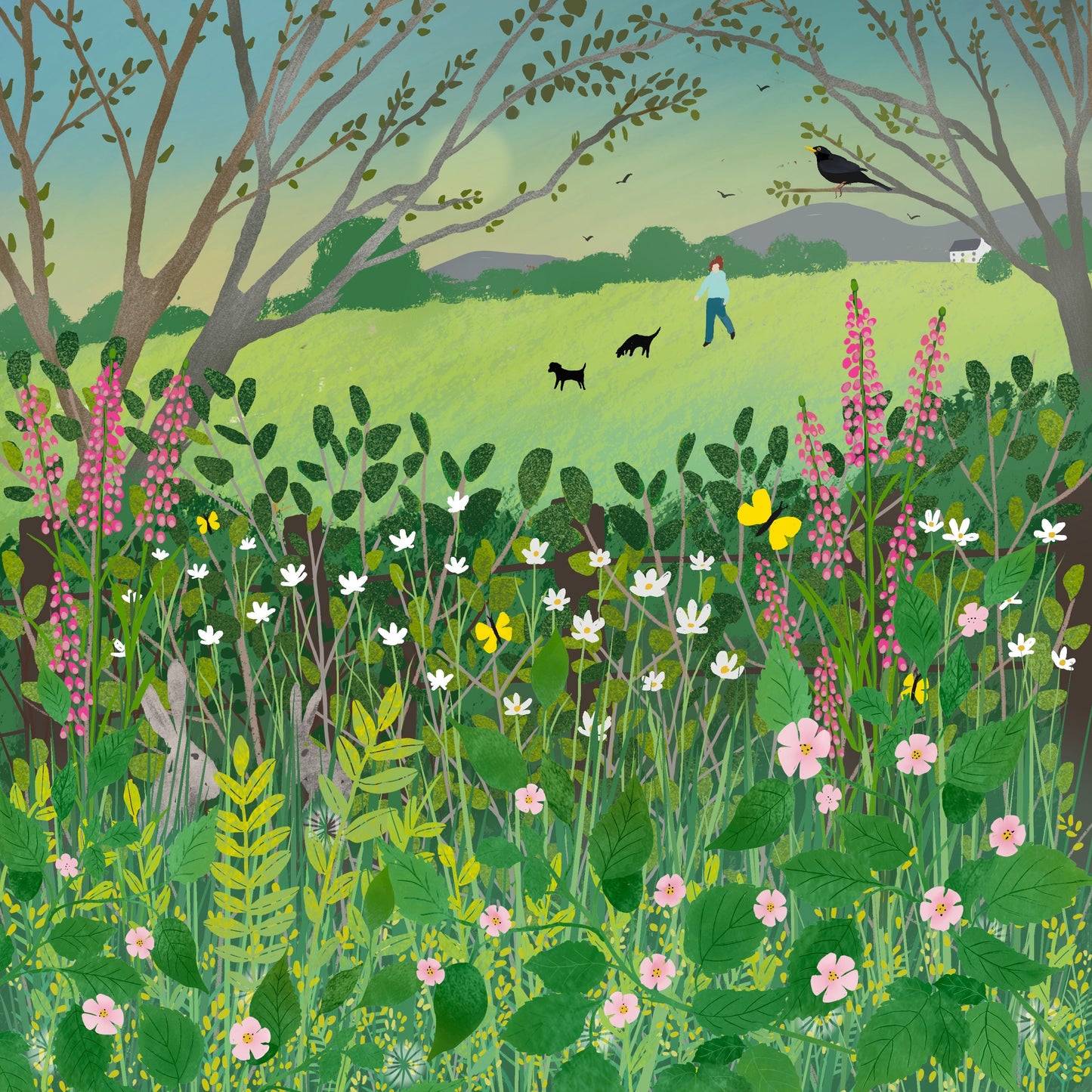 Morning Hedgerow greetings card - Summer landscape. Birthday card, thank you card, anniversary card, housewarming card. Sending love.