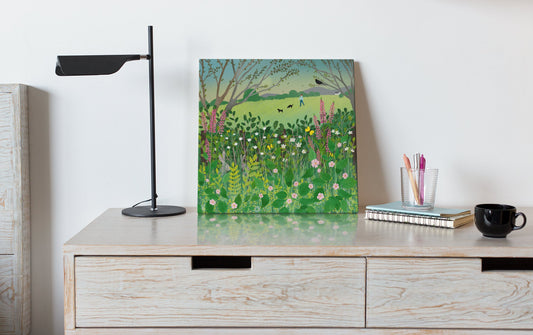 Morning Hedgerow, Canvas from original art by Caroline Smith. Canvas featuring a frothy hedgerow with wildflowers and a morning dog walk