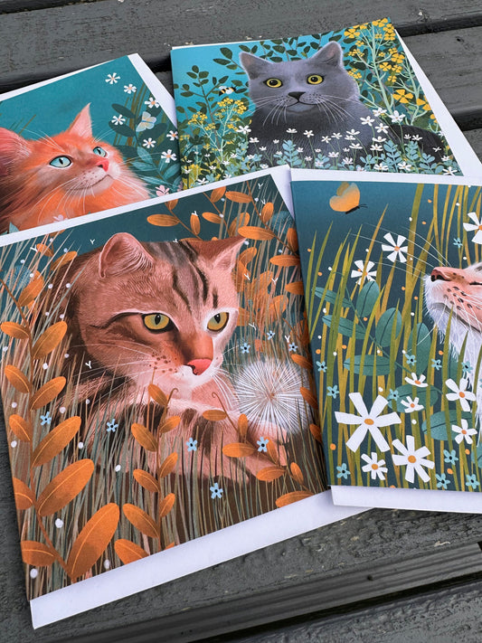 Pack of 4 Cat greetings cards. Cat lovers greeting cards printed to order. Card for birthday, anniversary, housewarming or thank you.