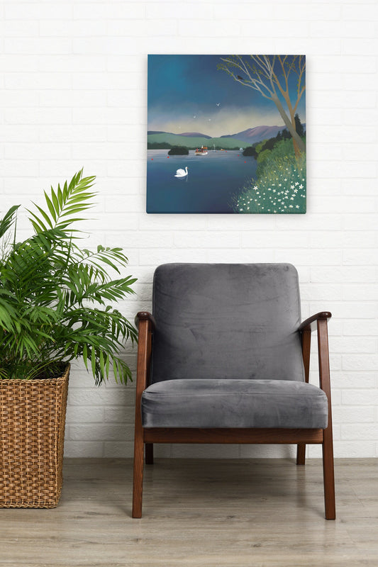 Lake Windermere, Canvas from original art by Caroline Smith. Canvas inspired by a trip up Lake Windermere from Bowness to Ambleside