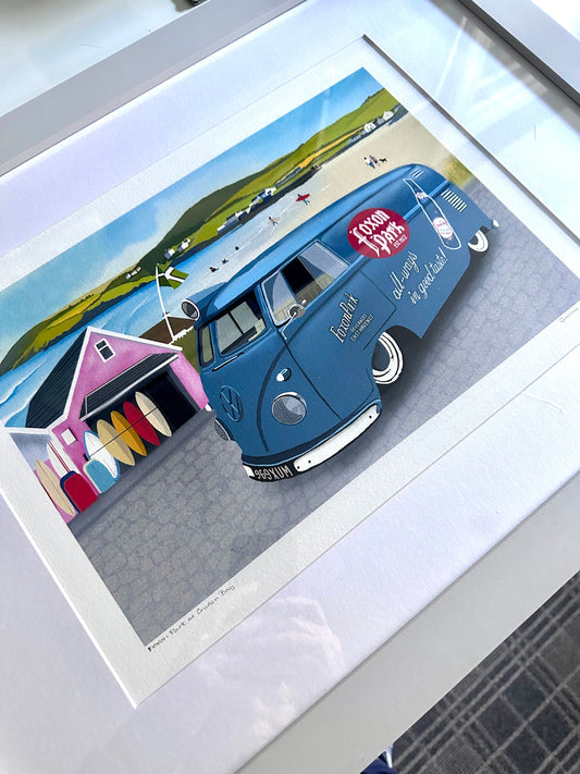 Camper Van Art, Foxon Park Custom VW Panel Van at Cruden Bay, Devon, Wall Art, Quality Giclee Art Print signed by the Artist