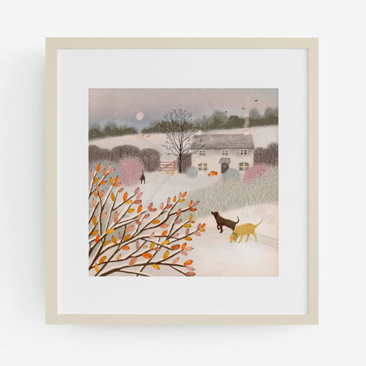 Ivy Cottage, winter landscape with labradors. Signed Giclee print. Scottish Art, Office Art, Happy Art, Wall Decor, Cottage style. Home gift
