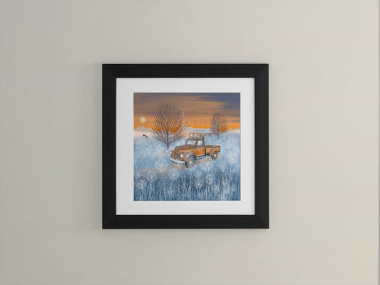 Vintage Truck Print.Cold winter Landscape with old chevy pickup delivering logs to a cottage. Gift for husband, boyfriend or son.