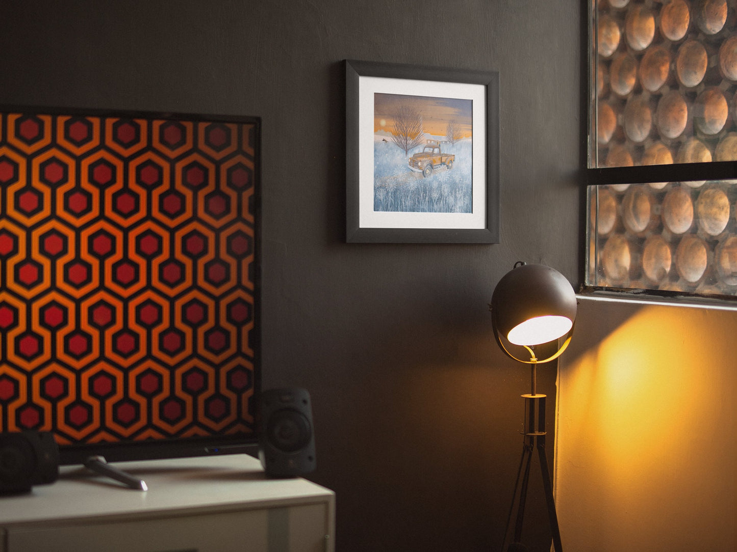 Vintage Truck Print.Cold winter Landscape with old chevy pickup delivering logs to a cottage. Gift for husband, boyfriend or son.