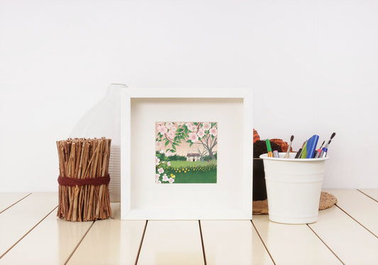 Apple Blossom Cottage. Wall art print of a pretty Cottage in a Spring Garden. Signed Giclee art print. Gift for Her