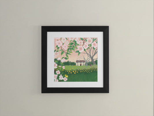 Apple Blossom Cottage Giclee Print: Spring Garden Wall Art