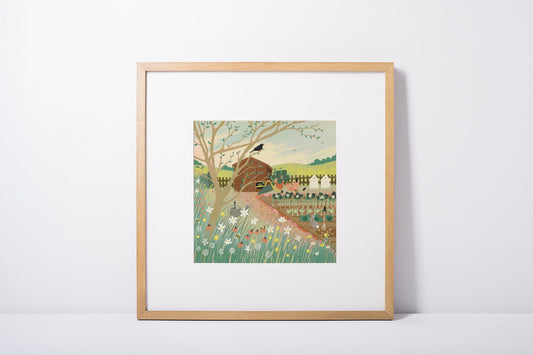 Home Grown - vegetable garden art print featuring a peaceful country garden. Giclee Art print signed by artist. Home Gift. Gift for Friend