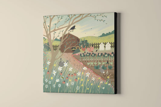 Home Grown, canvas wall art featuring a country cottage garden and vegetable patch. From original art by Caroline Smith.