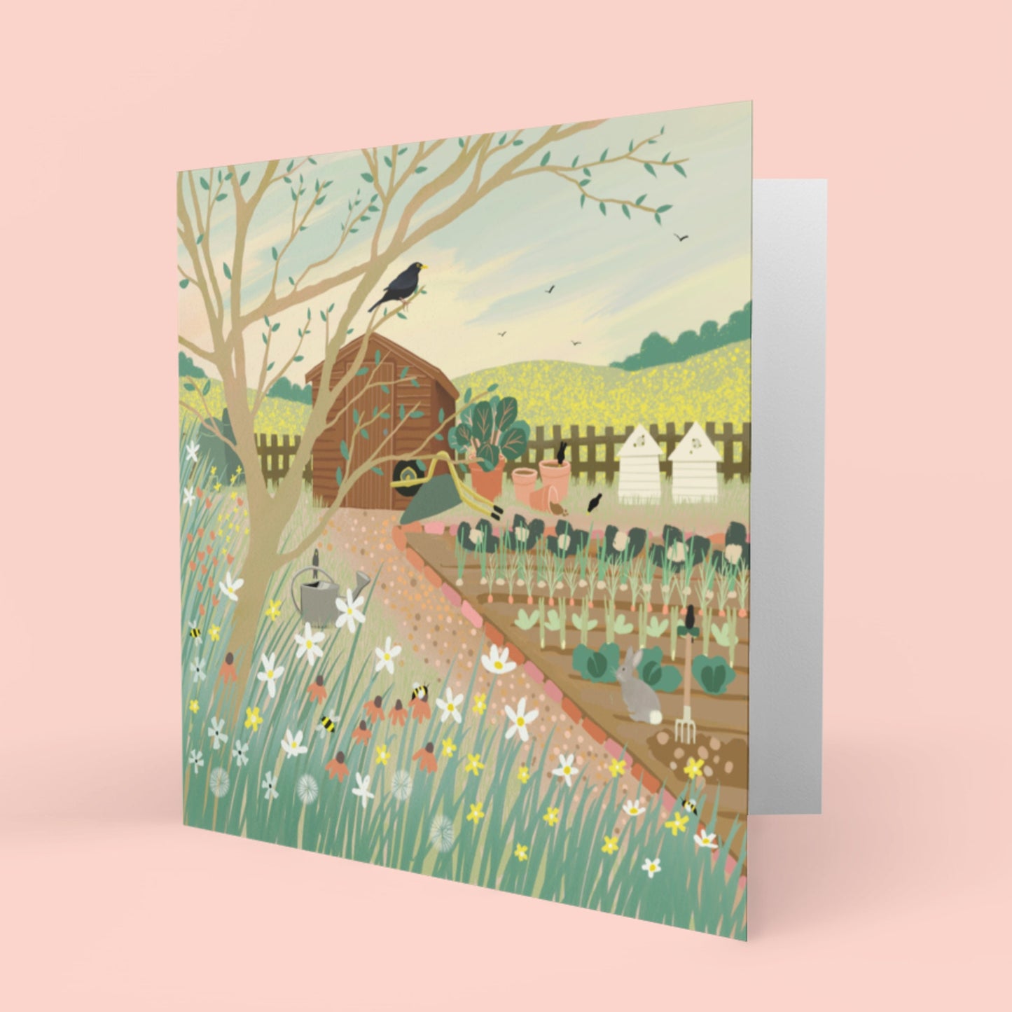 Home Grown, greetings card. Country cottage garden with a vegetable patch.