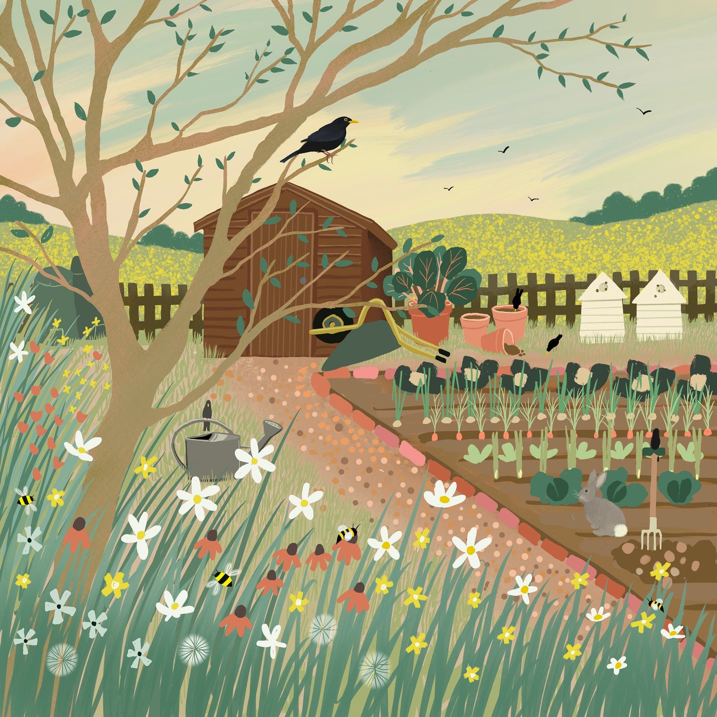 Home Grown, greetings card. Country cottage garden with a vegetable patch.