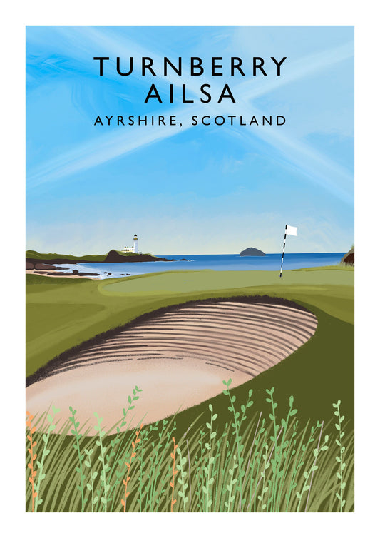 Turnberry Ailsa Course, Scotland, Golf Art, Railway Poster Style, signed giclee print from original art by Caroline Smith, made in Scotland