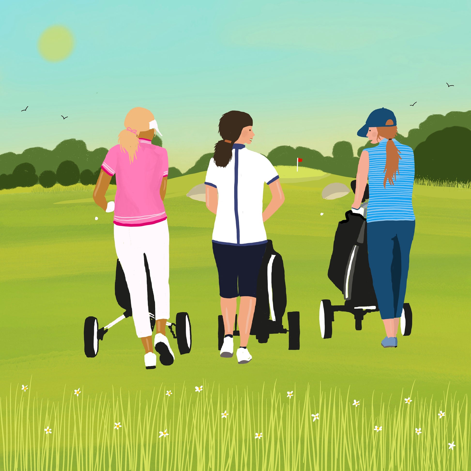 Golf greetings card - A Walk with the Girls . Can be personalised. From original art by Caroline Smith.