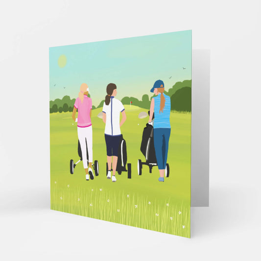 Golf greetings card - A Walk with the Girls . Can be personalised. From original art by Caroline Smith.