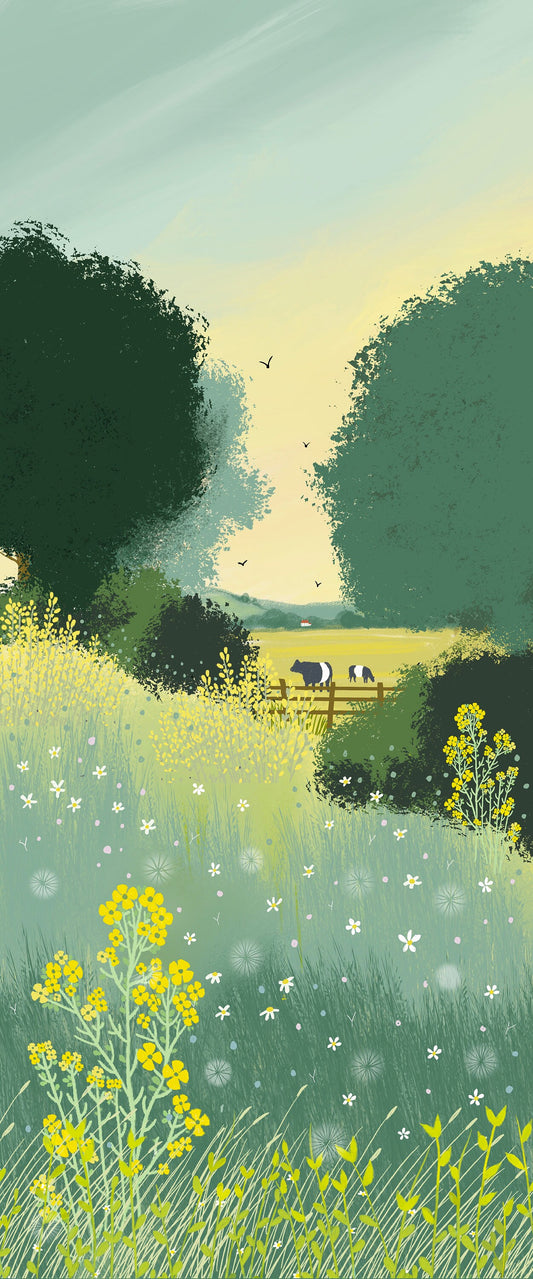 Wall Art. Field of Dreams, Summer Country Landscape, Belted Galloways. Giclee Print from original artwork. Signed by artist - Caroline Smith