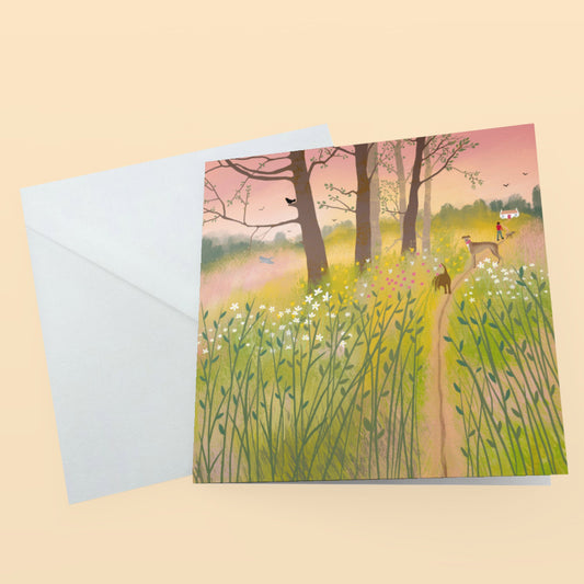Morning Glow, greetings card. Country cottage landscape featuring a morning walk with the dogs.