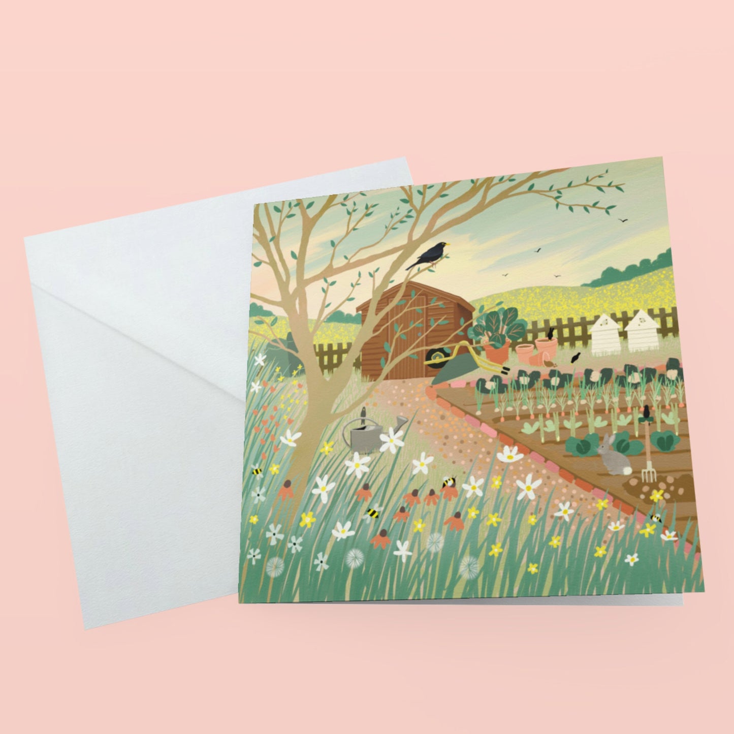Home Grown, greetings card. Country cottage garden with a vegetable patch.