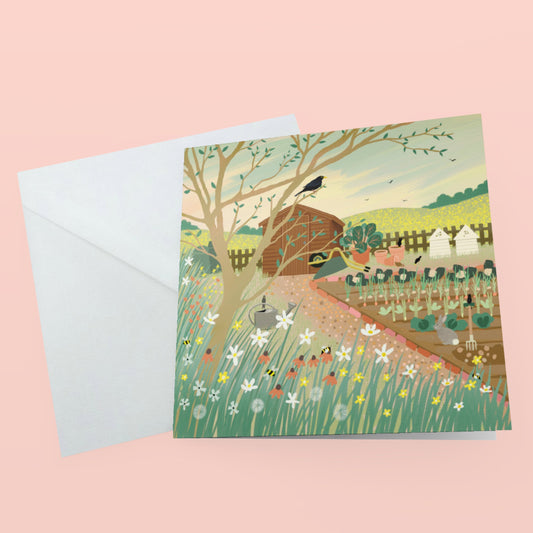Home Grown, greetings card. Country cottage garden with a vegetable patch.