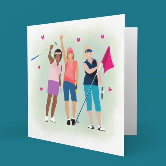 Golfing Girls greetings card. Can be personalised. From original art by Caroline Smith.