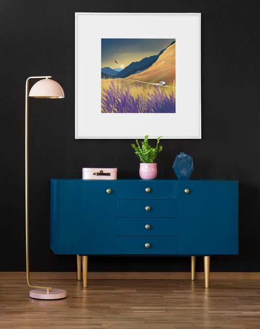 Freedom. Motorhome travels through Scotland. From original artwork by Caroline Smith. Signed Giclee art print. Scottish Art, Office Art