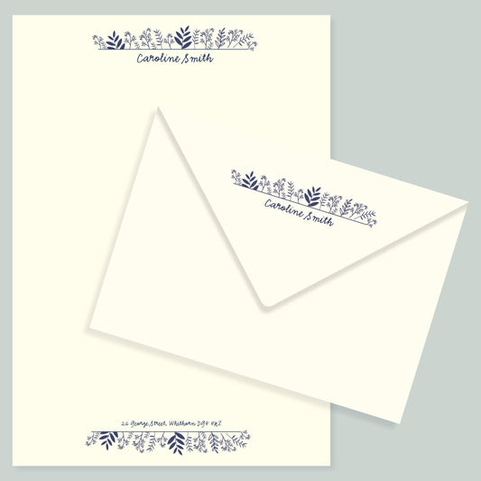 Personalised Stationery with classic blue floral design. A5 Writing paper and matching envelopes. Vintage Style Notepaper & Envelopes.