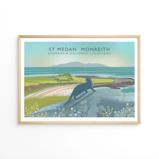 St Medan Monreith Travel Poster | Scottish Landscape with Maxwells Otter | A5, A4, A3, A2, A1 - Print only or Framed
