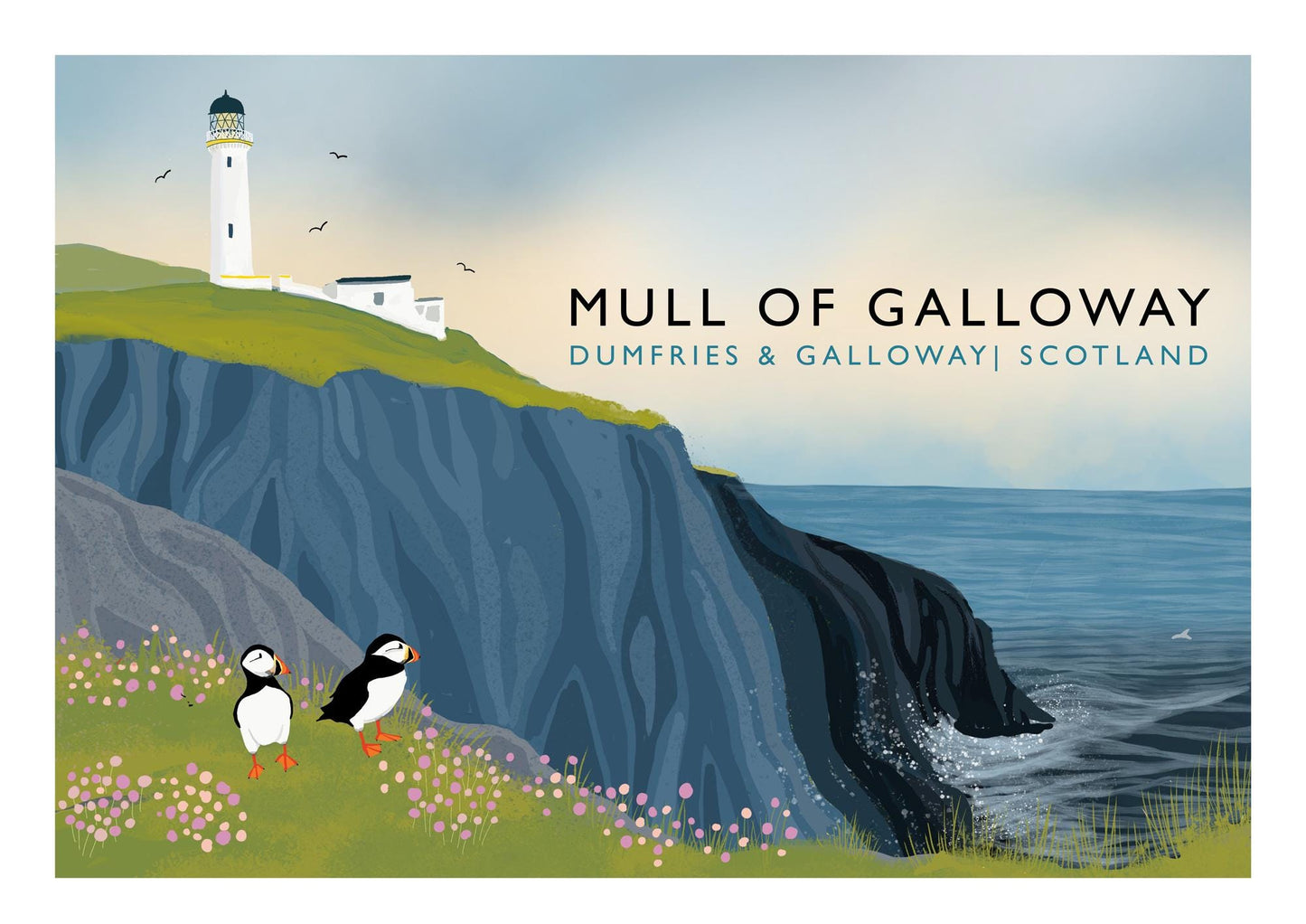 Mull of Galloway | Scottish Travel Poster | Signed by artist | Giclee Art print | Lighthouse print | Puffin Print