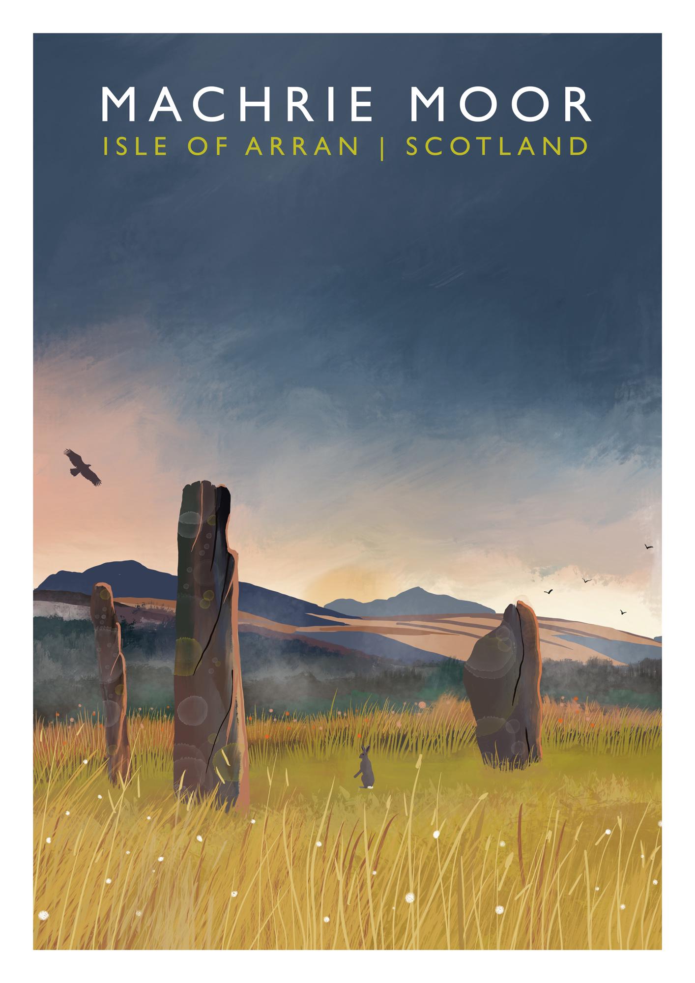 Summer Solstice at Machrie Moor - Isle of Arran. Standing Stones. Scottish Landscape Wall Art, Signed Giclee Art print. Travel Poster