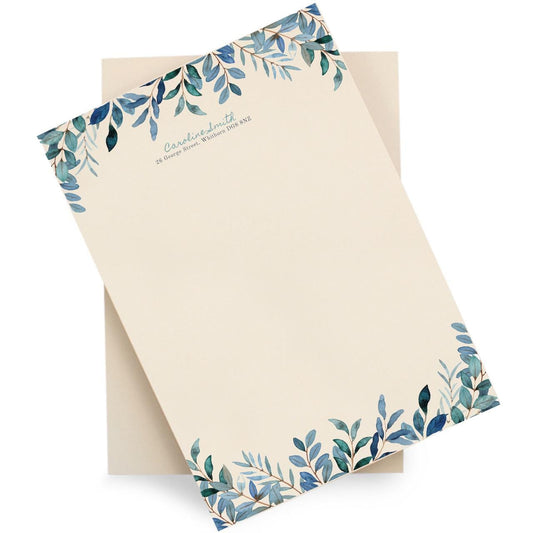 Personalised Watercolour Blue Leaves Stationery Set. Lovely thick A5 Writing paper and matching envelopes. Vintage Style letter writing.