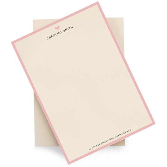 Personalised Pink Border with heart Stationery Set. Lovely thick A5 Writing paper and matching envelopes. Vintage Style letter writing.
