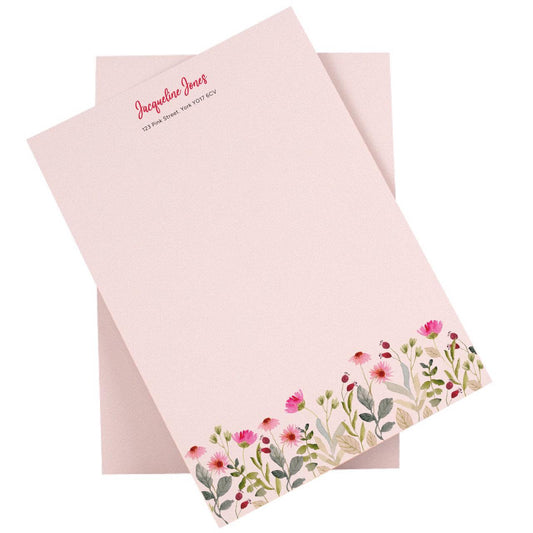 Personalised Pink Floral Stationery Set. Lovely thick A5 Writing paper and matching envelopes. Vintage Style letter writing.