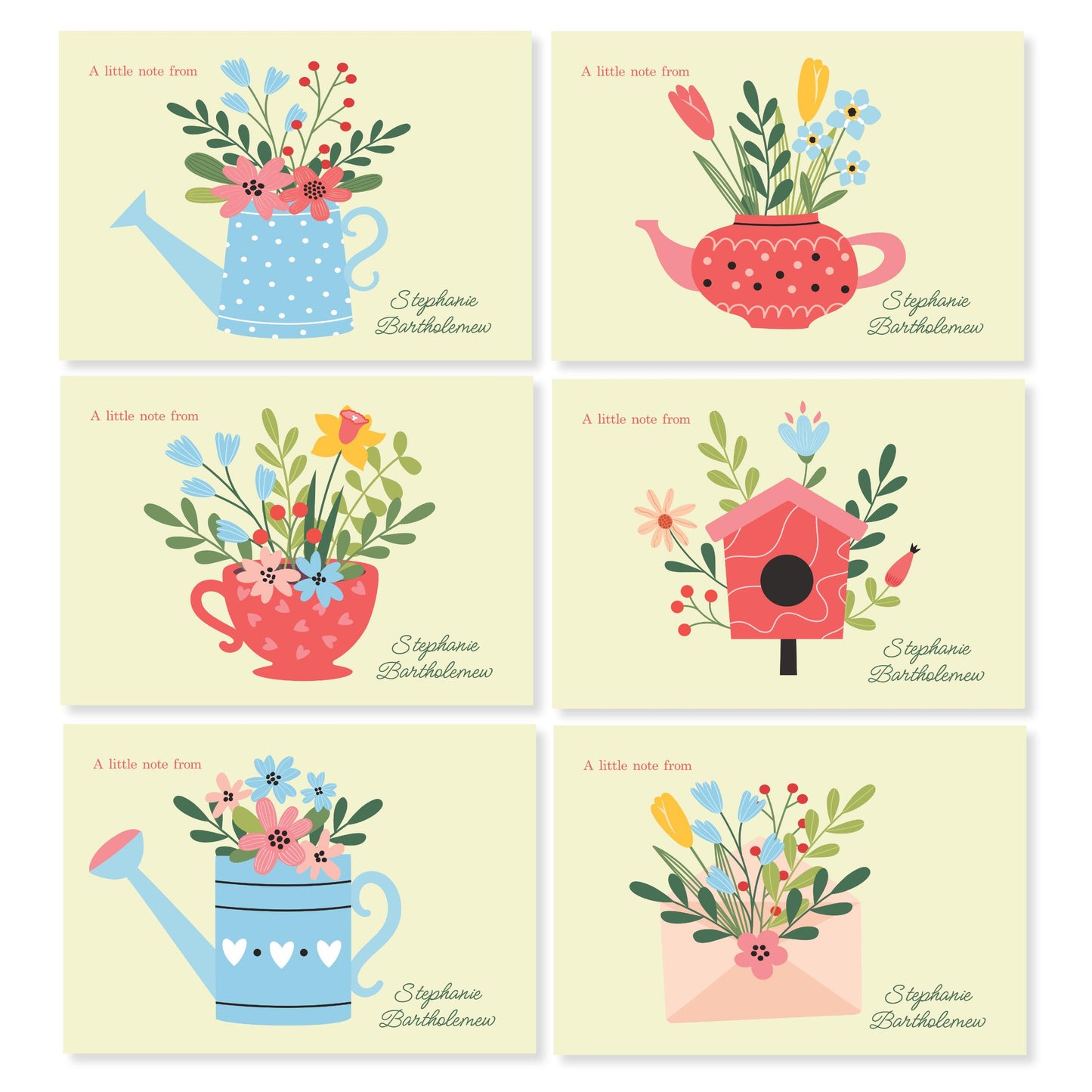 Pack of 12 Colourful, floral design cream or white Correspondence Notecards and envelopes. Two each of six designs.