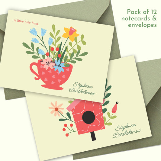 Pack of 12 Colourful, floral design cream or white Correspondence Notecards and envelopes. Two each of six designs.